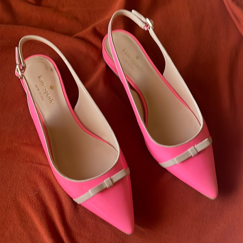 Kate Spade hot pink size 11B sling back patent leather flats tan leather trim